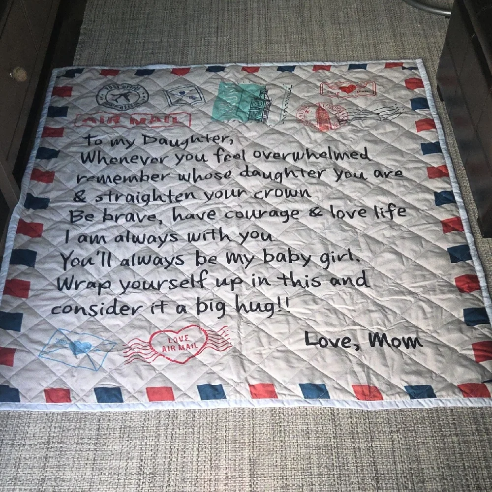 Love Mom Quilted Blanket - Red and Blue 60 In X 56 In